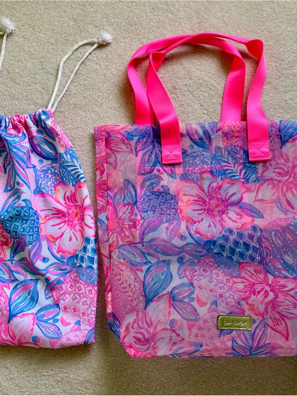 Lilly Pulitzer Pink & Blue Floral Tote with Matching Pouch